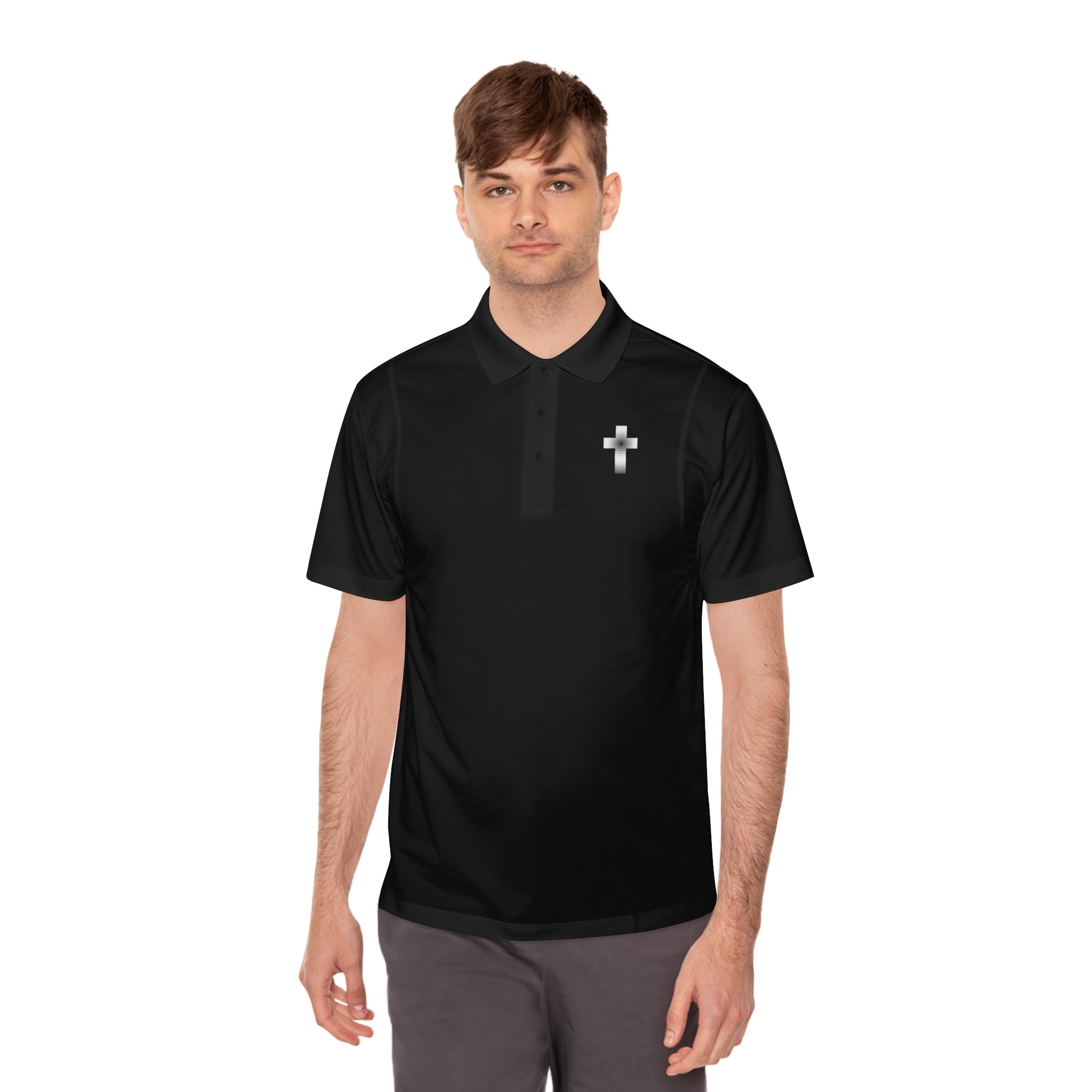 Men's Polo Shirt - Subtle Black Cross Chest Logo, Sport Casual